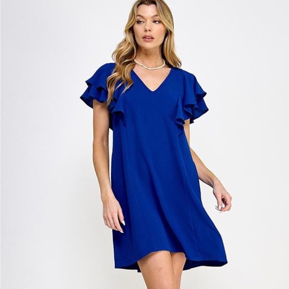Women's Blue Ruffle Sleeve Dress - Picture 1 of 4